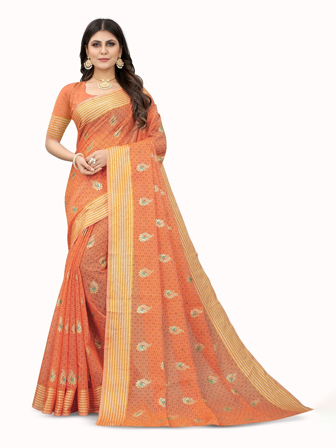 

V3 FASHION STUDIO Floral Zari Cotton Banarasi Saree, Orange