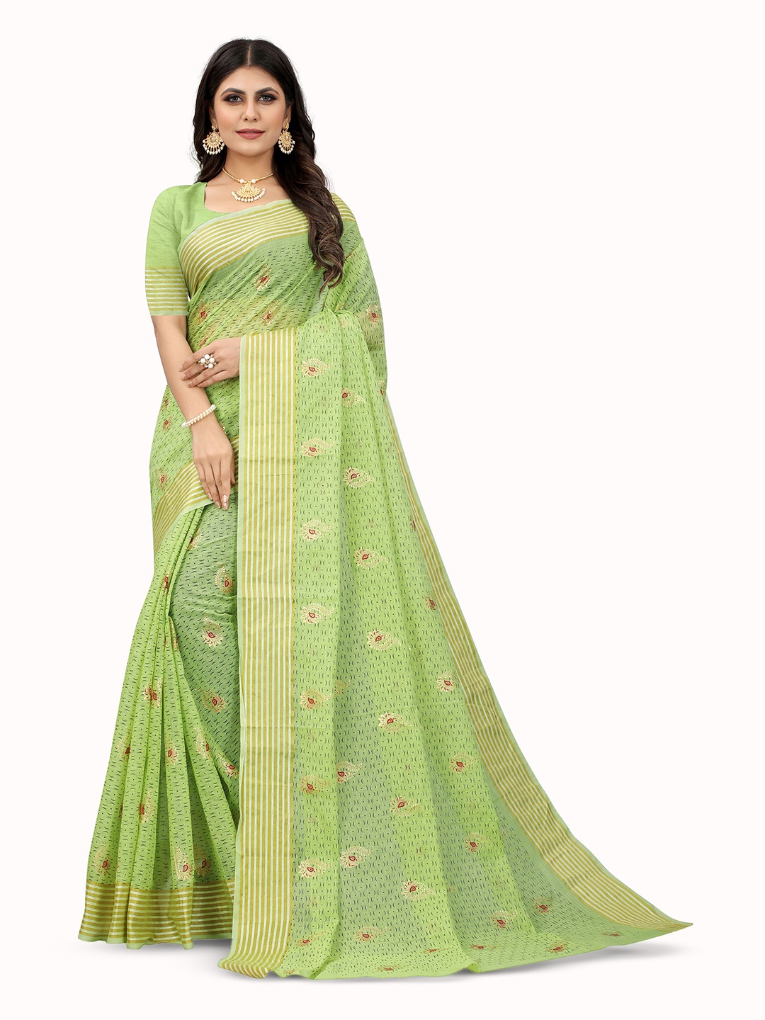 

V3 FASHION STUDIO Ethnic Motifs Pure Cotton Banarasi Saree, Green