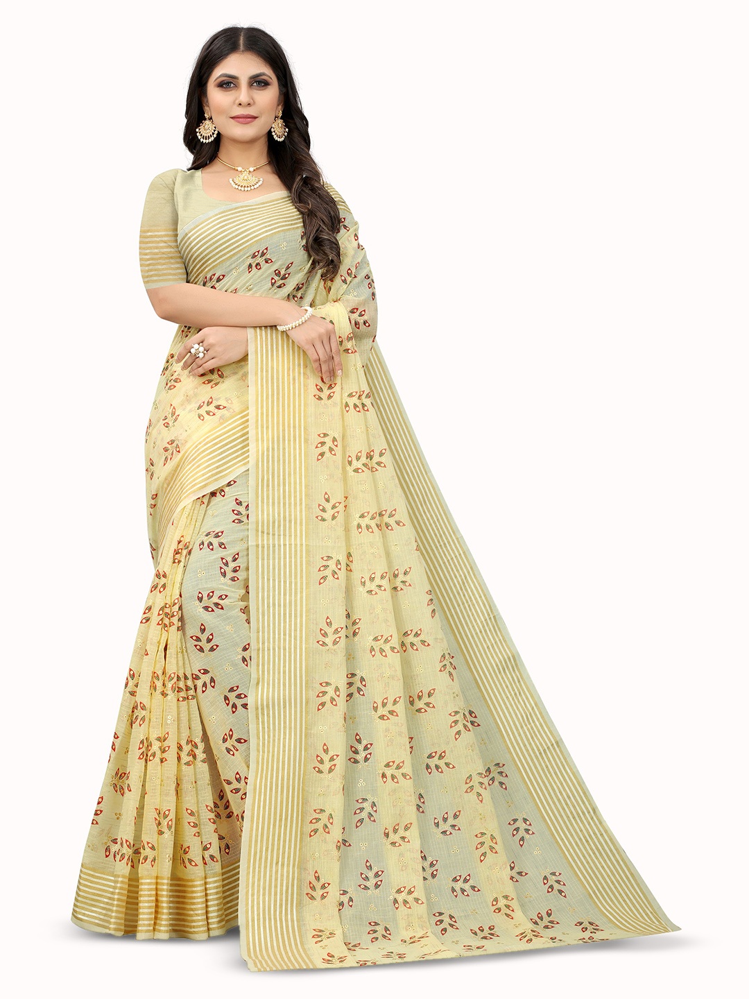 

V3 FASHION STUDIO Ethnic Motifs Pure Cotton Banarasi Saree, Cream
