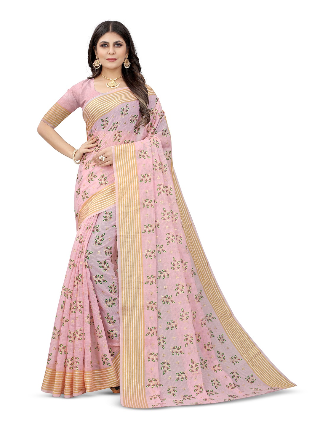 

V3 FASHION STUDIO Floral Zari Pure Cotton Banarasi Saree, Pink