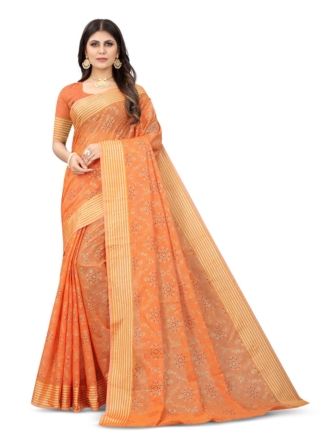 

V3 FASHION STUDIO Floral Zari Cotton Banarasi Saree, Orange