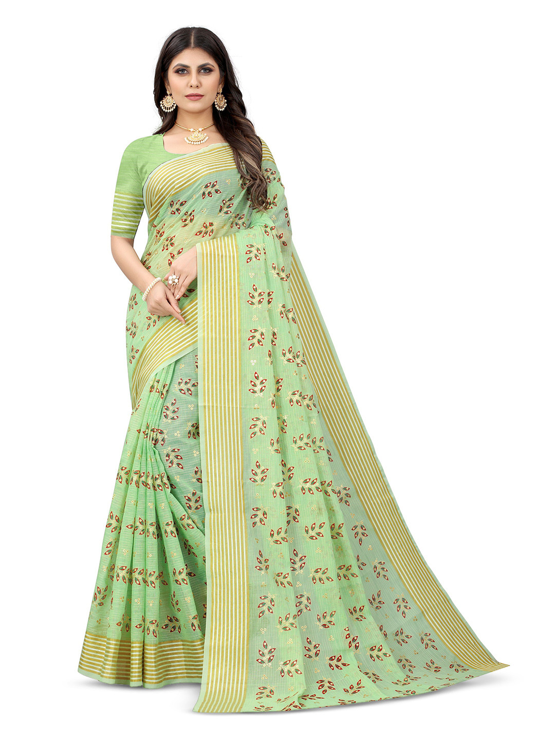 

V3 FASHION STUDIO Floral Zari Pure Cotton Banarasi Saree, Green
