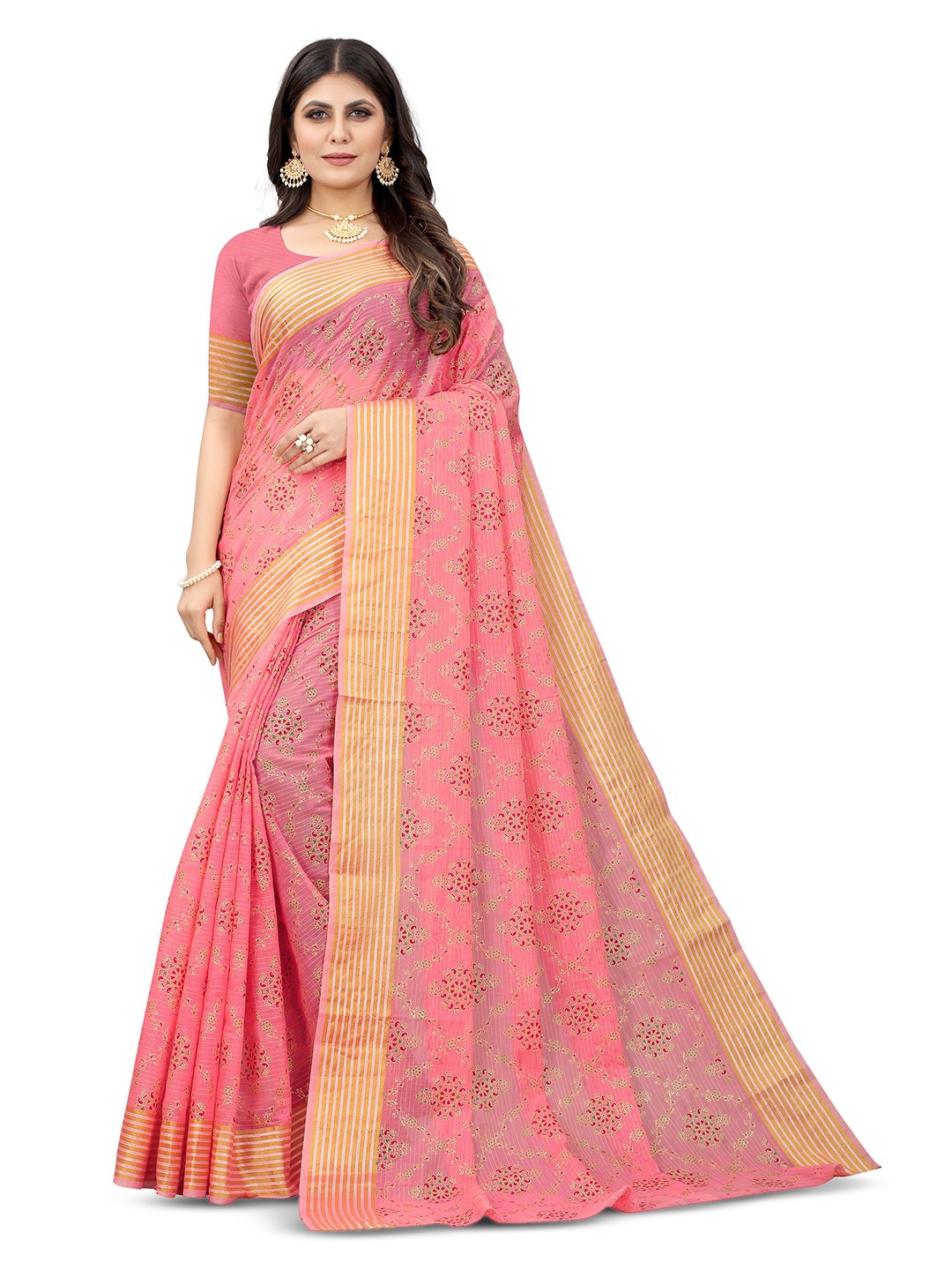 

V3 FASHION STUDIO Floral Zari Pure Cotton Banarasi Saree, Pink