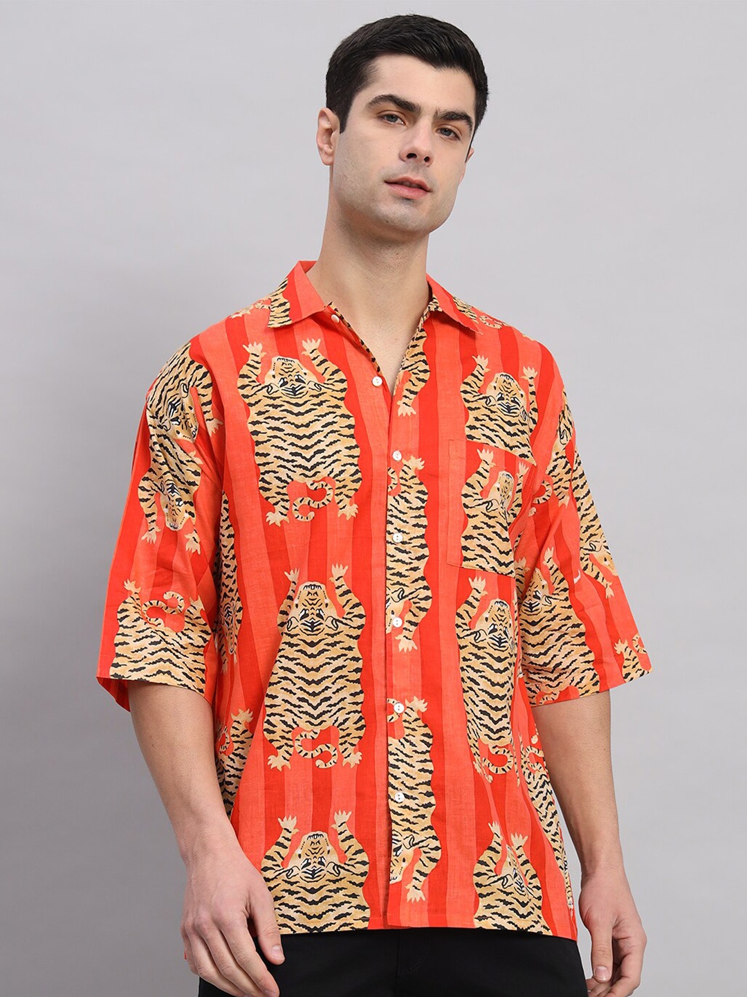 

HANDICRAFT PALACE Comfort Conversational Printed Oversized Pure Cotton Casual Shirt, Orange