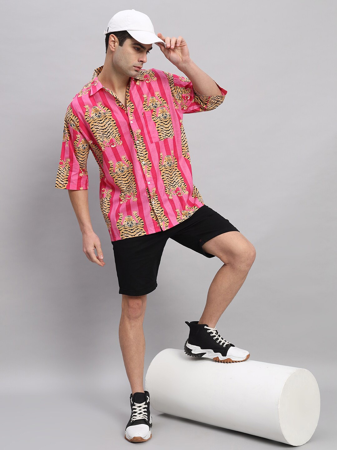 HANDICRAFT PALACE Comfort Conversational Printed Oversized Pure Cotton Casual Shirt, Pink