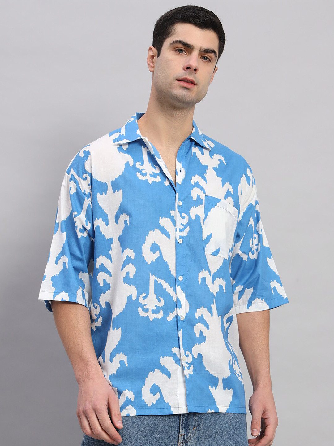 

HANDICRAFT PALACE Comfort Ethnic Motifs Printed Oversized Pure Cotton Casual Shirt, Blue