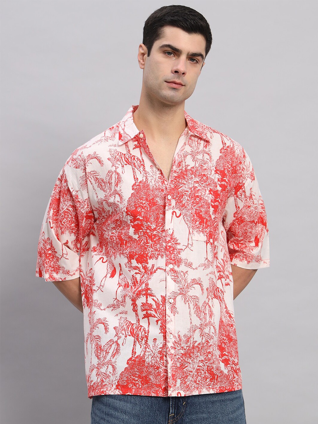 

HANDICRAFT PALACE Comfort Floral Printed Oversized Pure Cotton Casual Shirt, Red