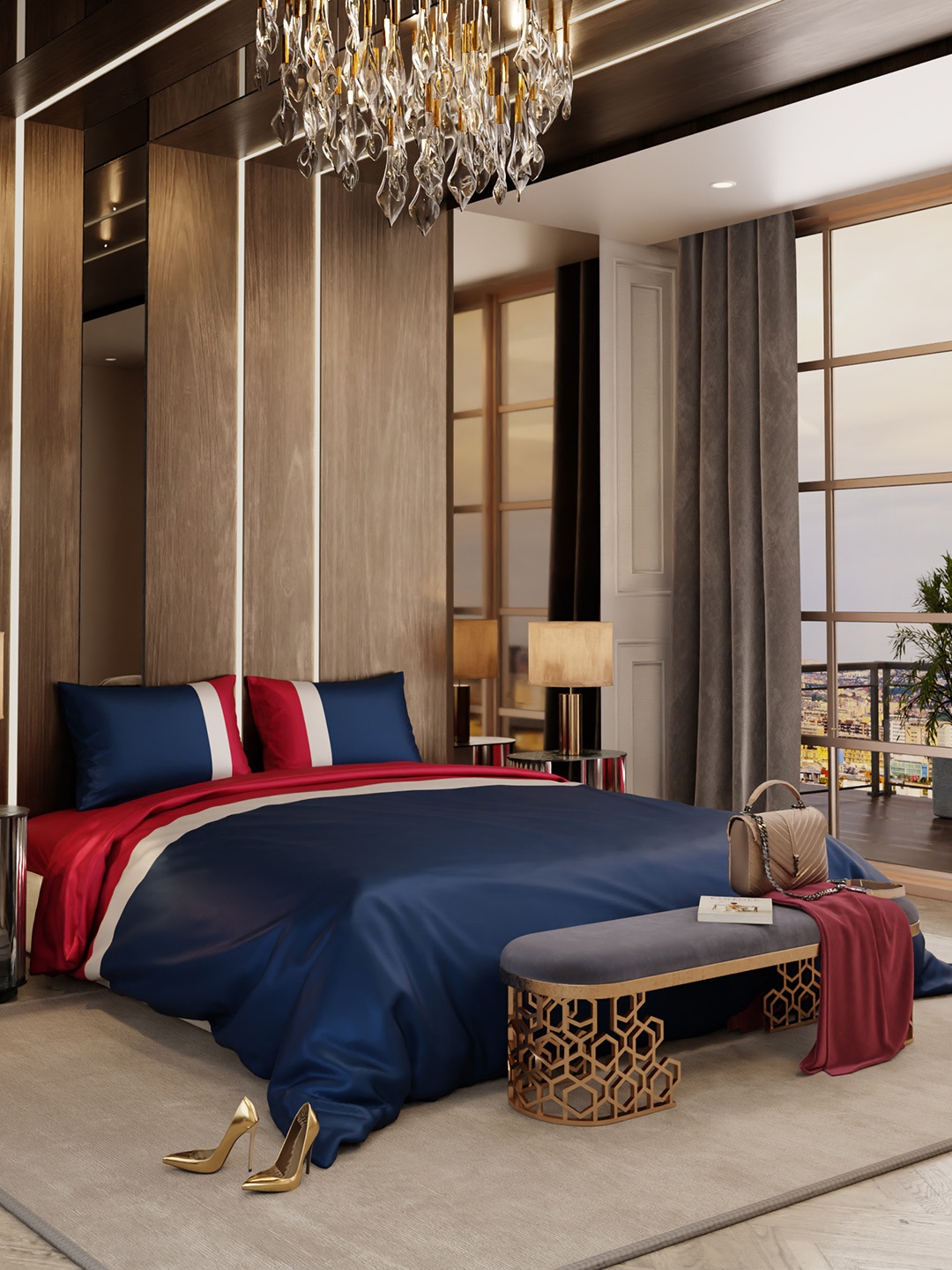 

Stoa Paris Vogue Boulevard Blue & Red AC Room 150 GSM King Comforter with 2 Pillow Covers, Navy blue