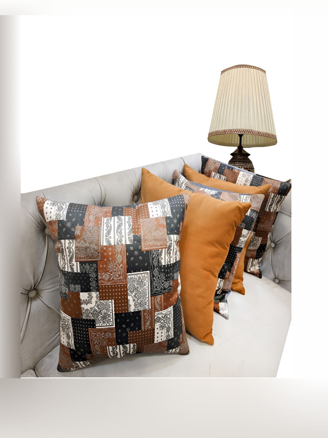 

Good Vibes Green & Brown 5 Pieces Ethnic Motifs Velvet Square Cushion Covers
