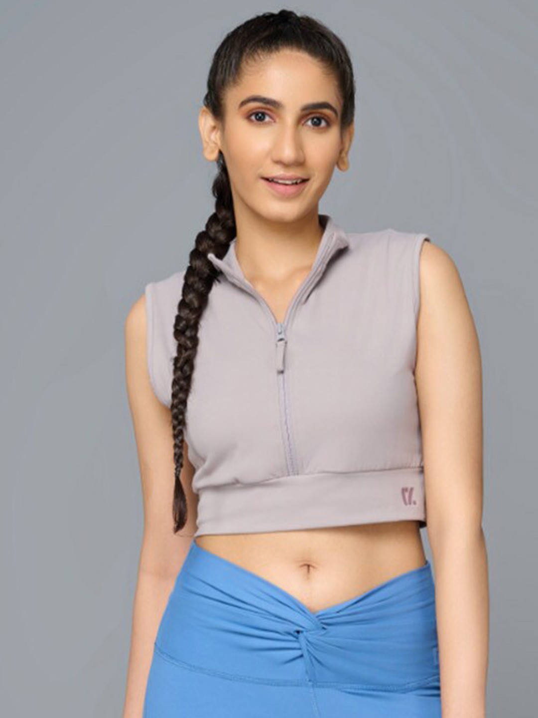

RYZ High Neck Sleeveless Shirt Style Sports Crop Top, Beige