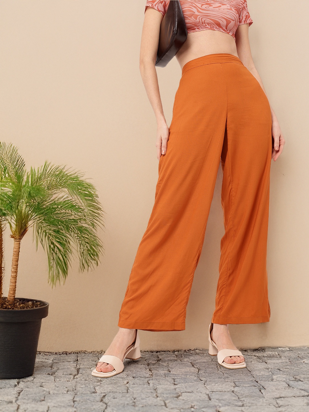 

DressBerry Women Wide Leg 70s Revival Trousers, Rust