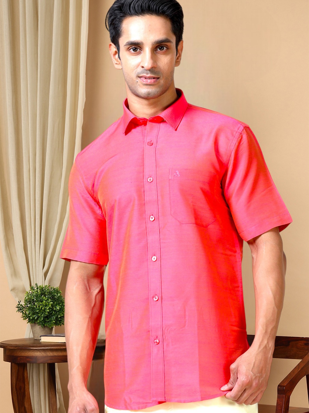 

TATTVA Classic Slim Fit Short Sleeves Ethnic Shirt, Fuchsia