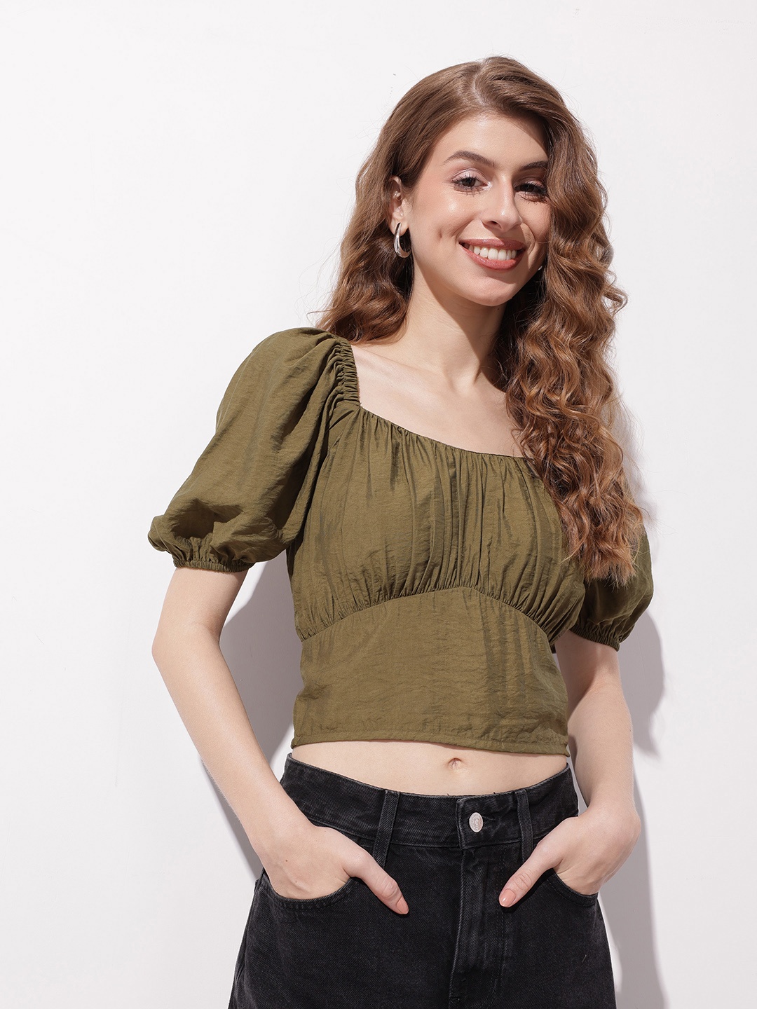 

DressBerry City Chic Minimals Blouson Crop Top, Olive