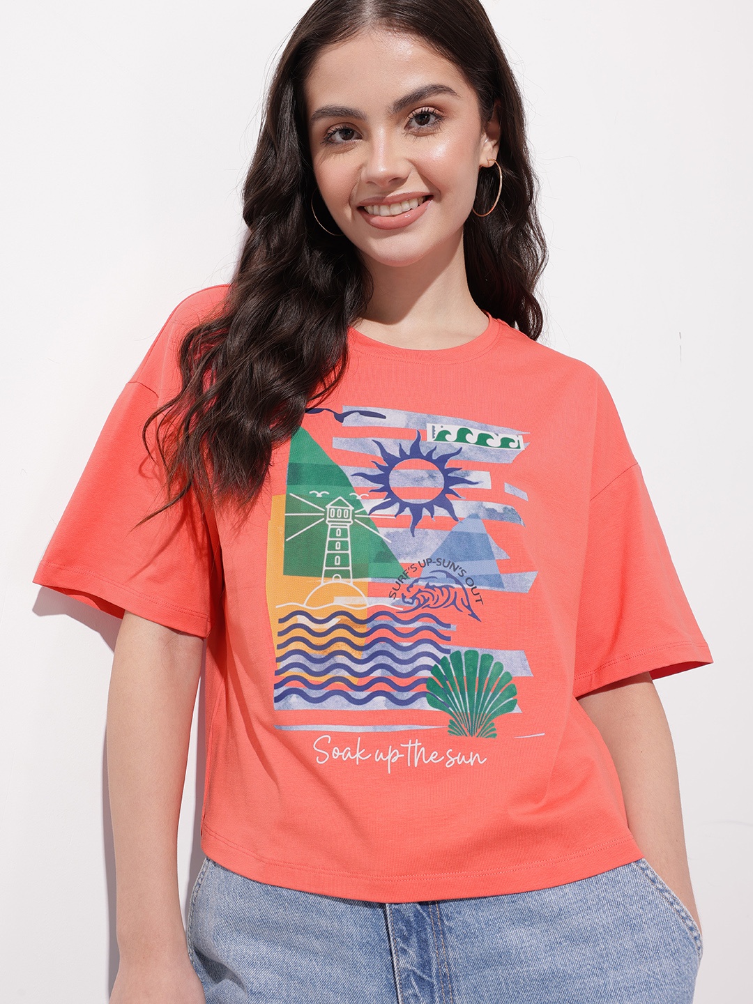 

DressBerry Radiant Red Color Clashing Graphic Oversize T-shirt, Coral