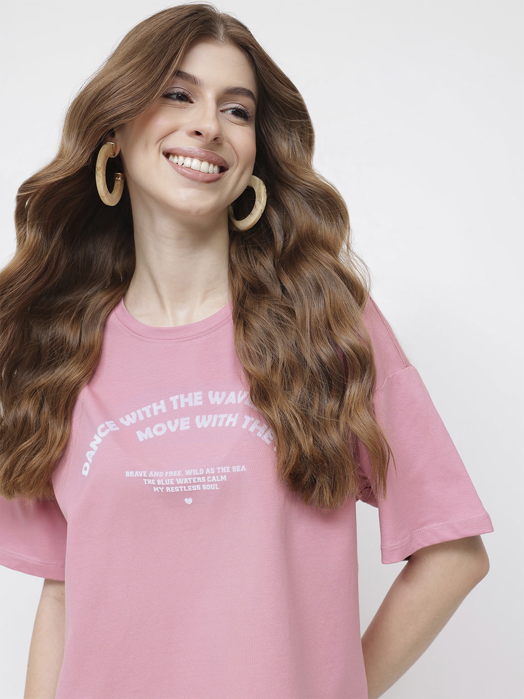 

DressBerry Beach Babe Waves Printed Boxy T-shirt, Rose
