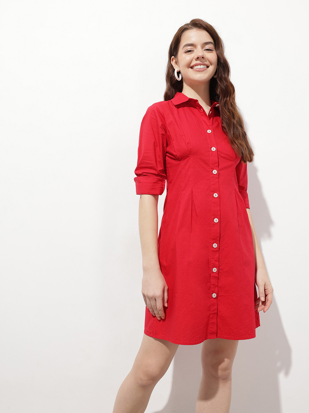 

DressBerry All About Curves & Edges Box Pleat Shirt Dress, Red