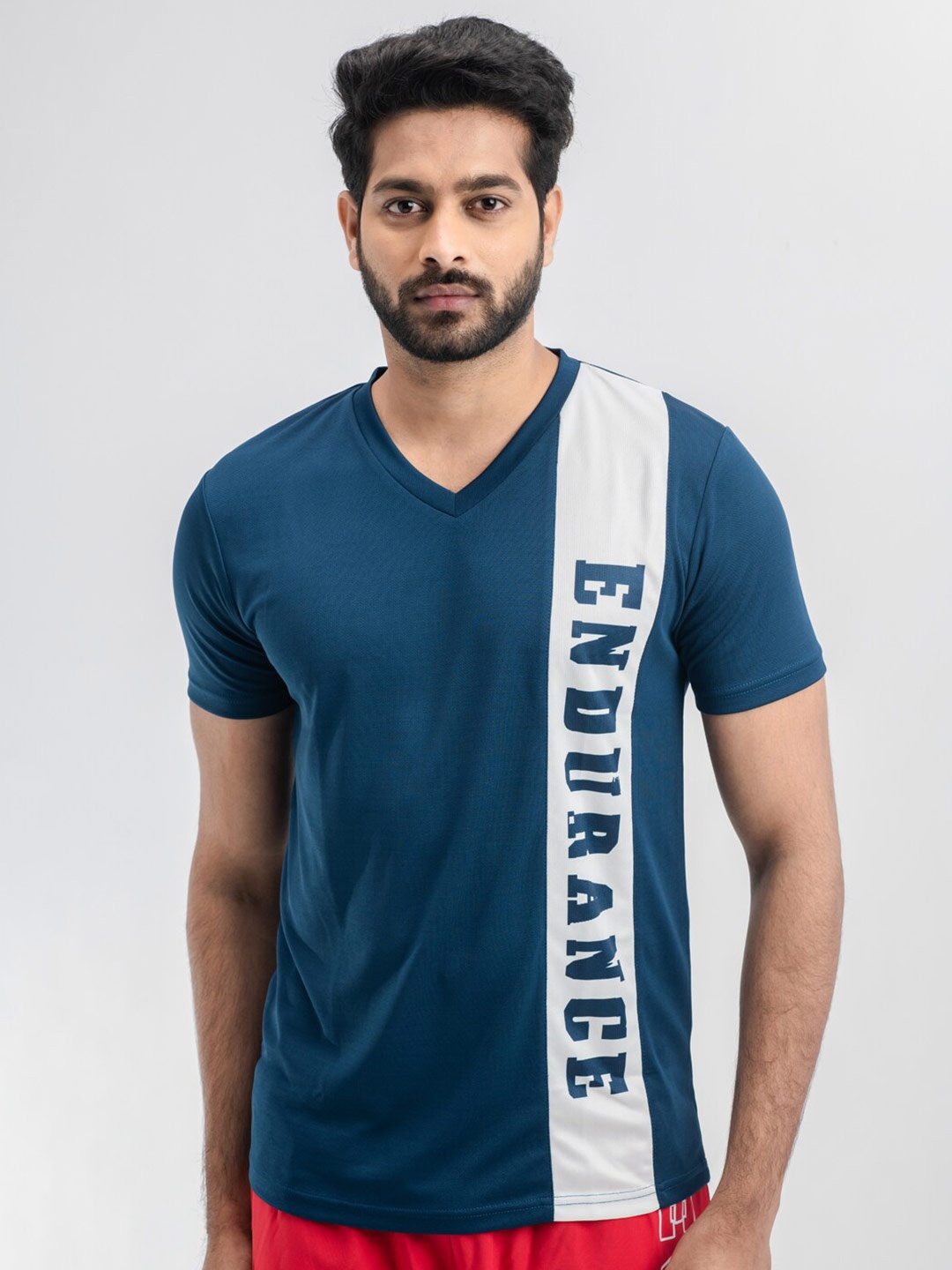 DRYP EVOLUT Typography Printed V-Neck Sports T-shirt, Navy blue