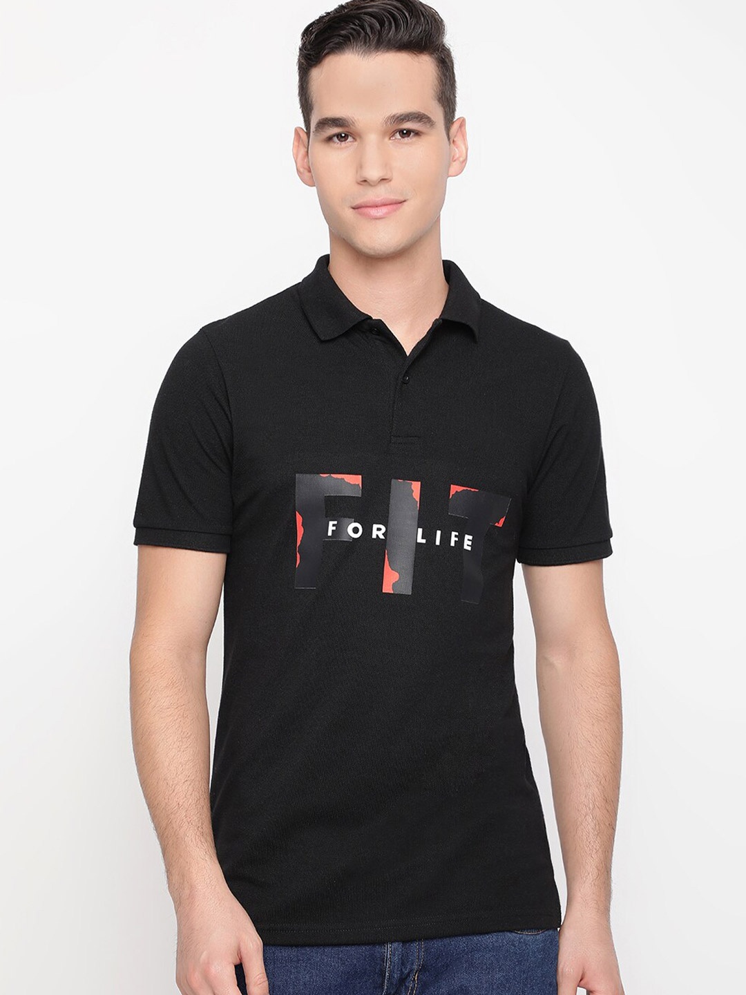 DRYP EVOLUT Typography Printed Polo Collar Casual T-shirt, Black