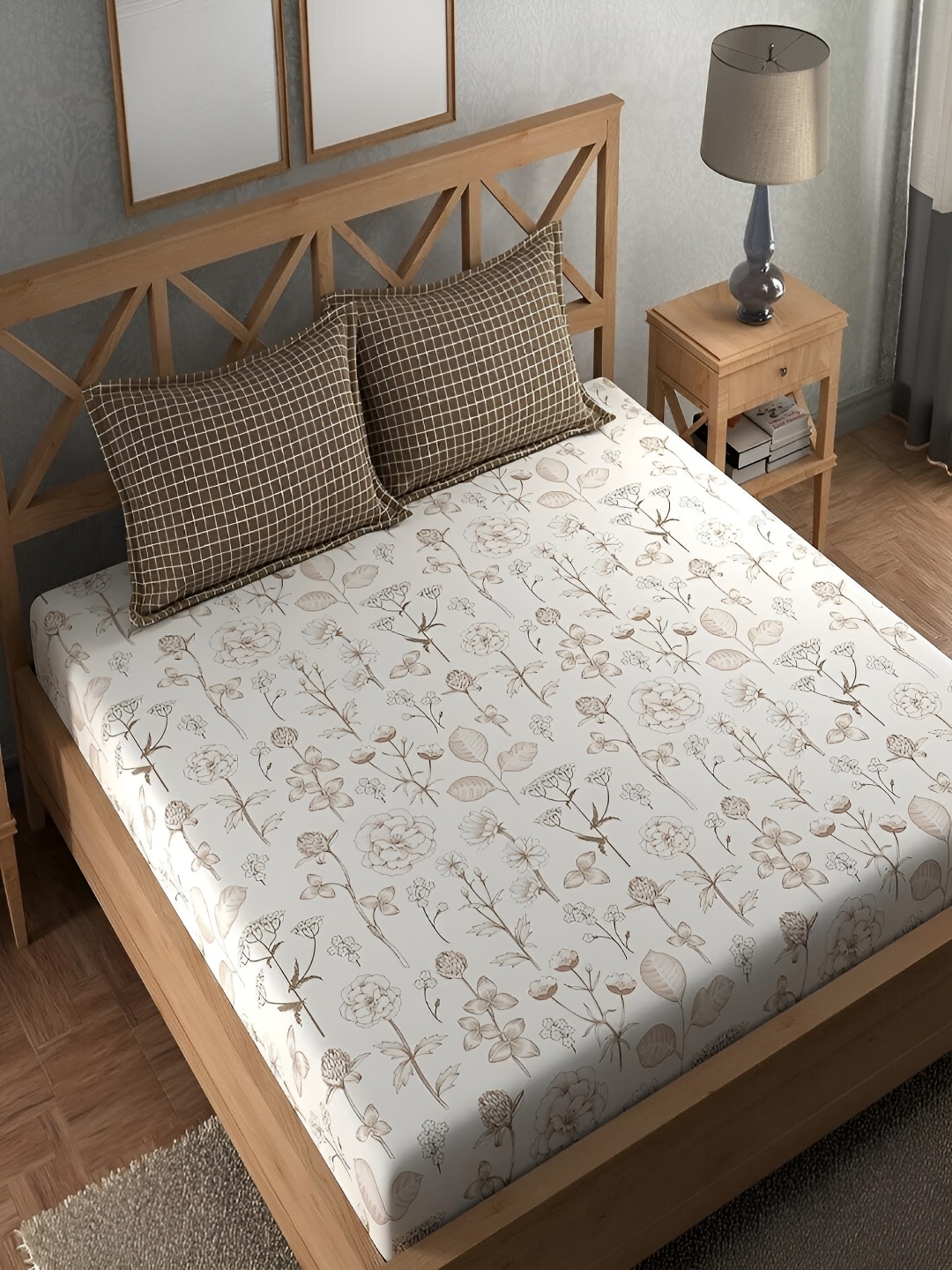 

Srijee Decors Brown & White Floral 210 TC Fitted King Bedsheet With 2 Pillow Covers