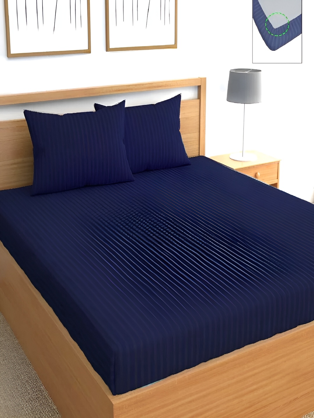 

Srijee Decors Blue Striped 210 TC Fitted King Bedsheet with 2 Pillow Covers