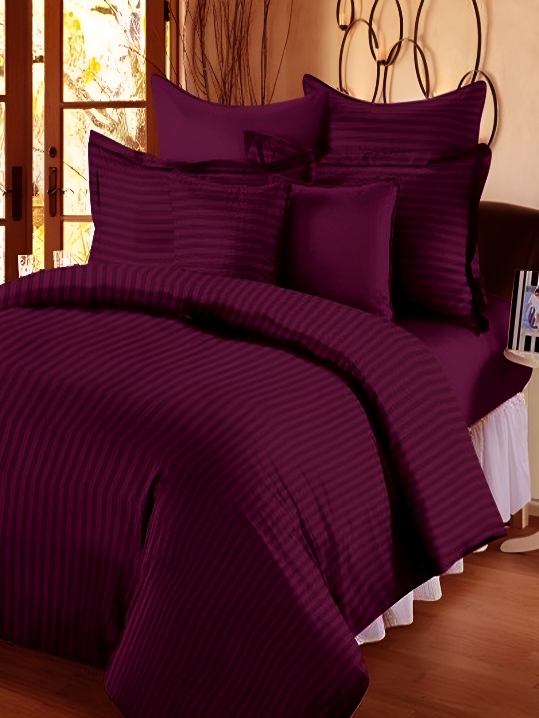 

Srijee Decors Maroon Striped 210 TC Fitted King Bedsheet with 2 Pillow Covers