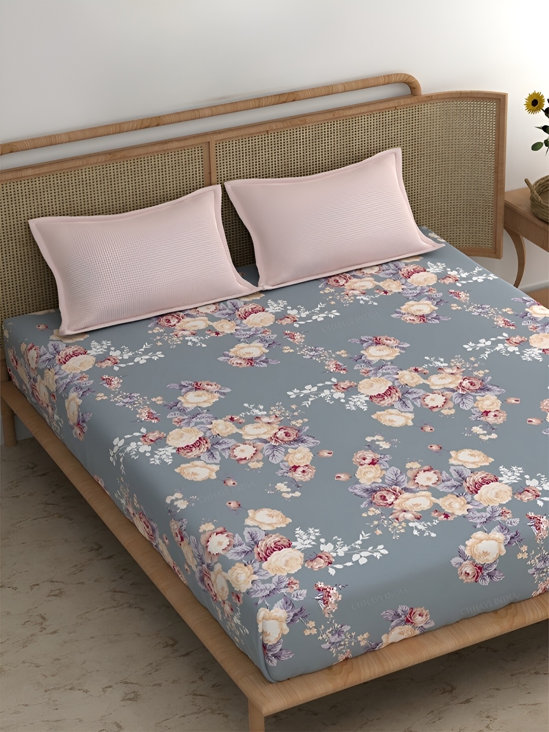 

Srijee Decors Blue & Pink Floral 210 TC Fitted King Bedsheet with 2 Pillow Covers
