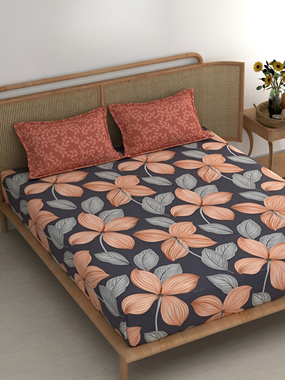 

Srijee Decors Orange & Blue Floral 210 TC Fitted King Bedsheet With 2 Pillow Covers