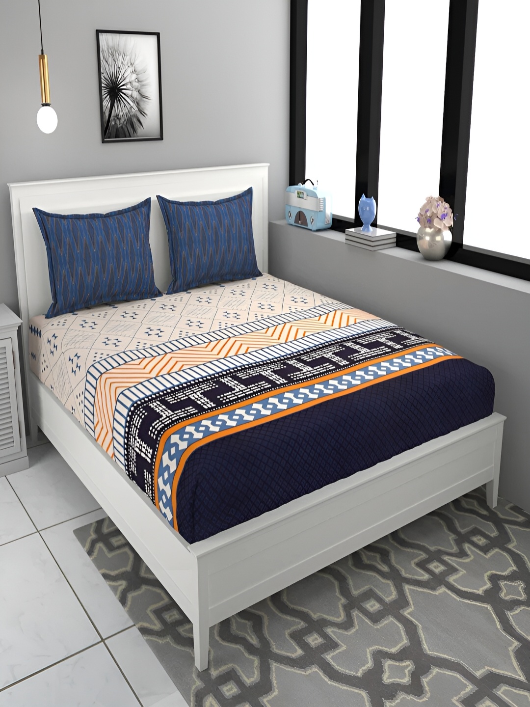 Srijee Decors Blue & White Geometric 210 TC Fitted King Bedsheet with 2 Pillow Covers