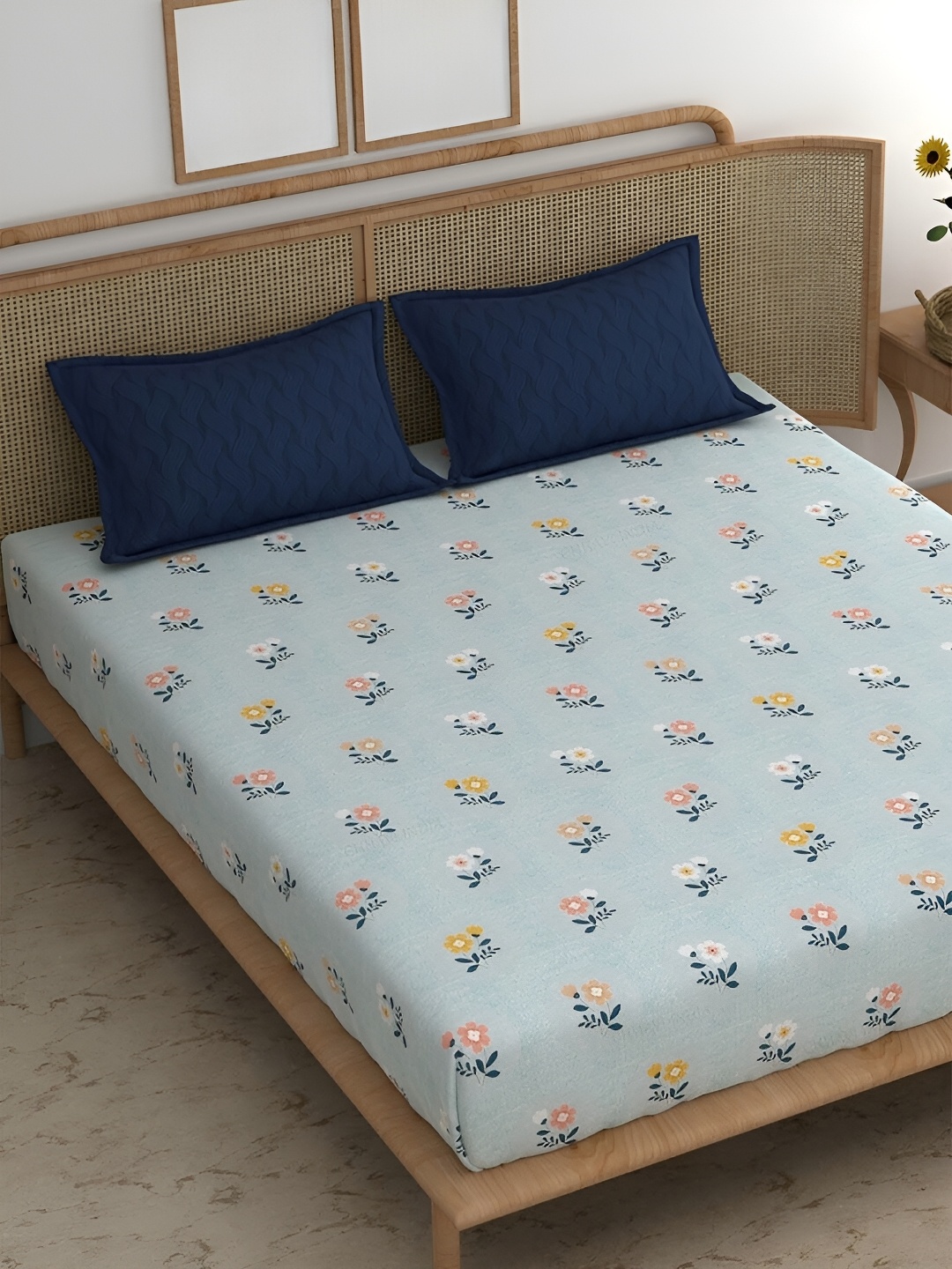 

Srijee Decors Blue & Orange Floral Fitted 210 TC King Bedsheet with 2 Pillow Covers