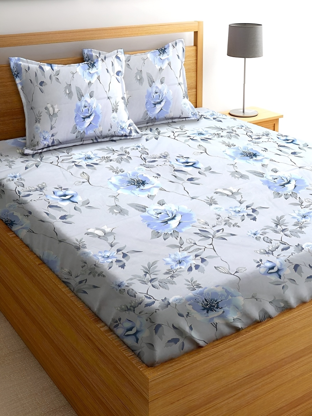 

Srijee Decors Grey & Blue Floral 210 TC King Fitted Bedsheet with 2 Pillow Covers