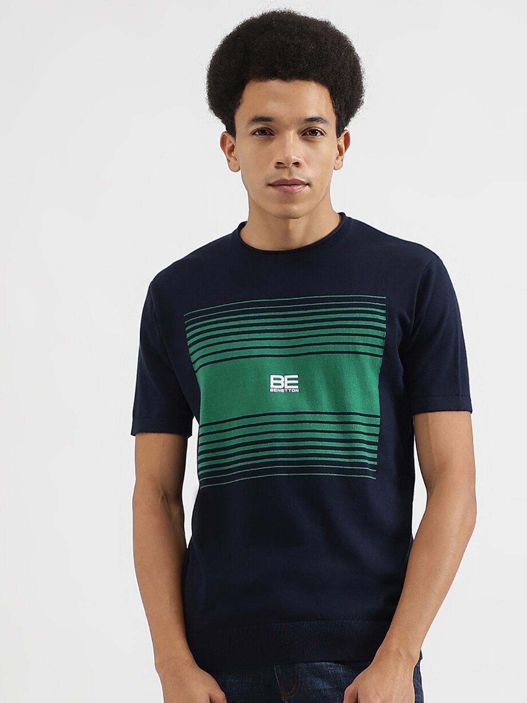 

United Colors of Benetton Striped Round Neck Pure Cotton T-shirt, Navy blue