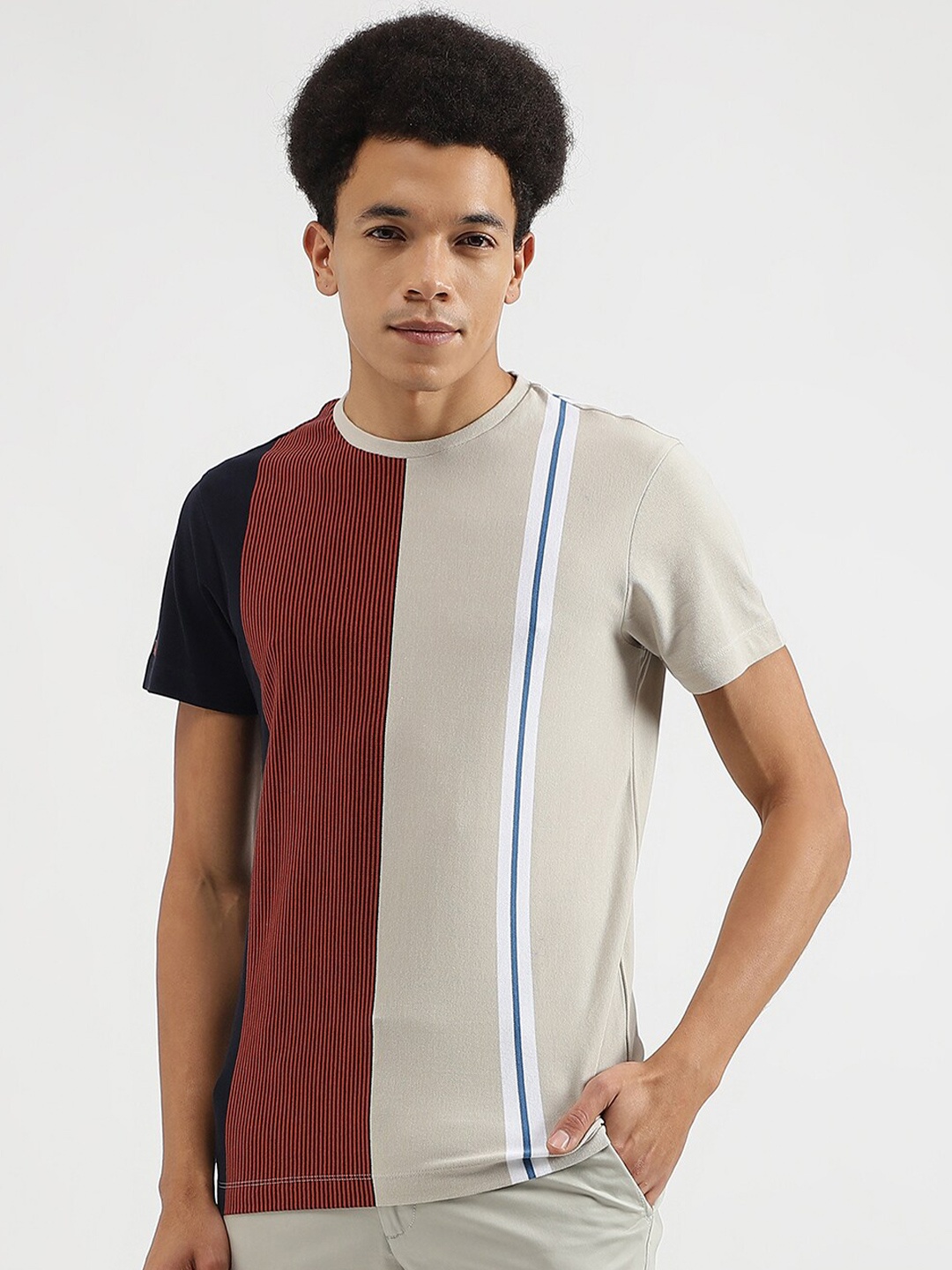United Colors of Benetton Striped Round Neck Pure Cotton T-shirt, Beige