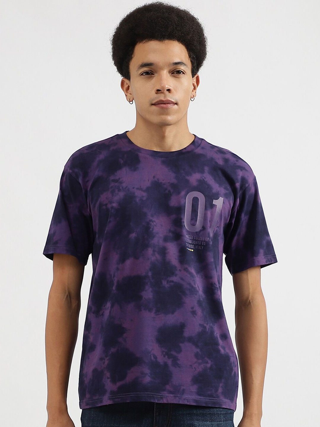 

United Colors of Benetton Tie & Dye Printed Pure Cotton Boxy T-shirt, Purple