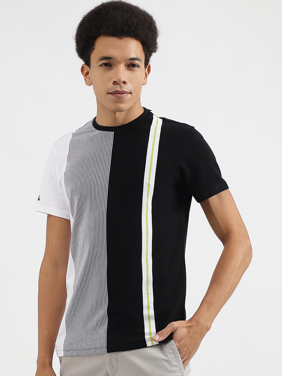 

United Colors of Benetton Striped Round Neck Pure Cotton T-shirt, Black