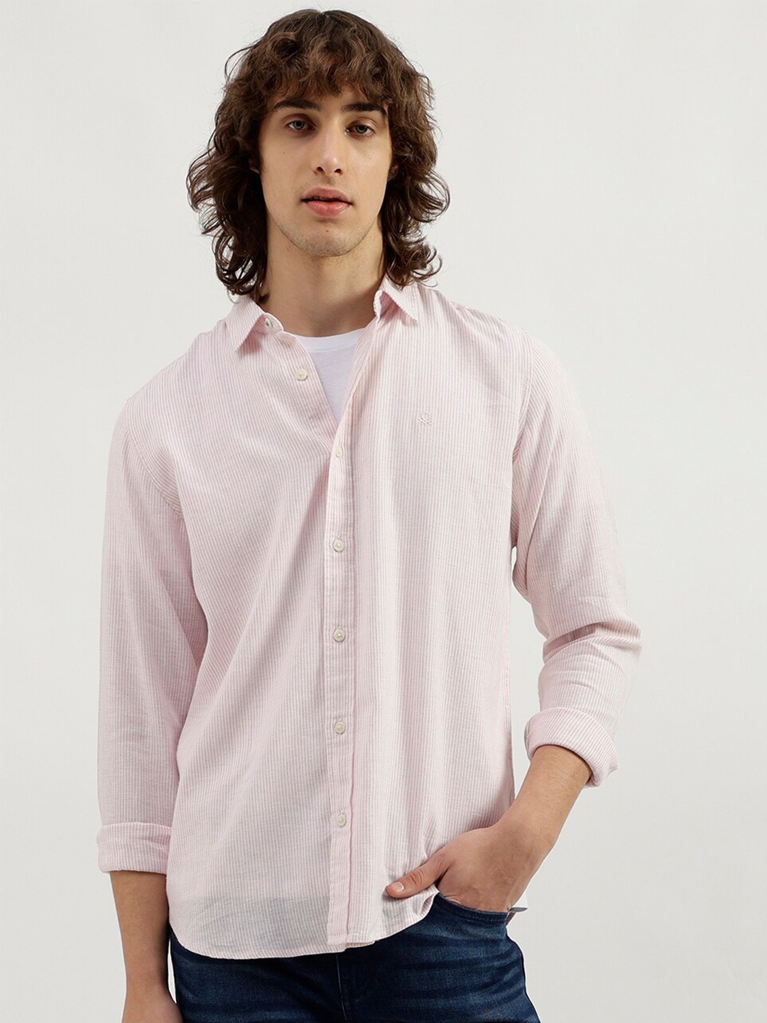

United Colors of Benetton Striped Spread Collar Linen Opaque Casual Shirt, Pink
