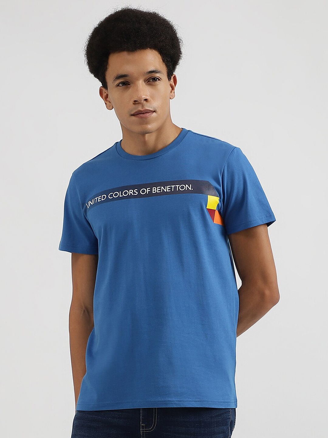 

United Colors of Benetton Typography Printed Round Neck Pure Cotton T-shirt, Blue