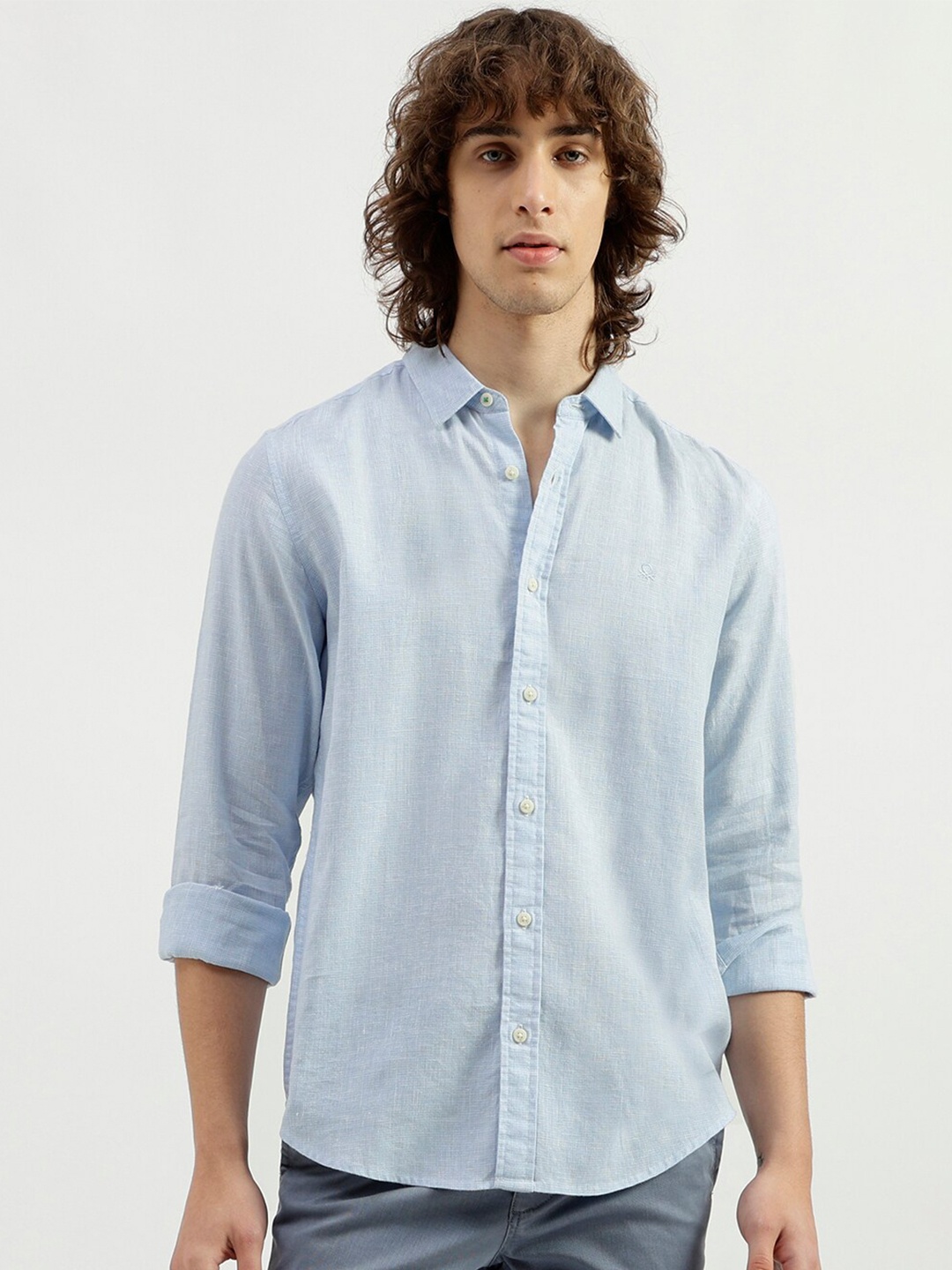 

United Colors of Benetton Regular Fit Spread Collar Linen Casual Shirt, Blue
