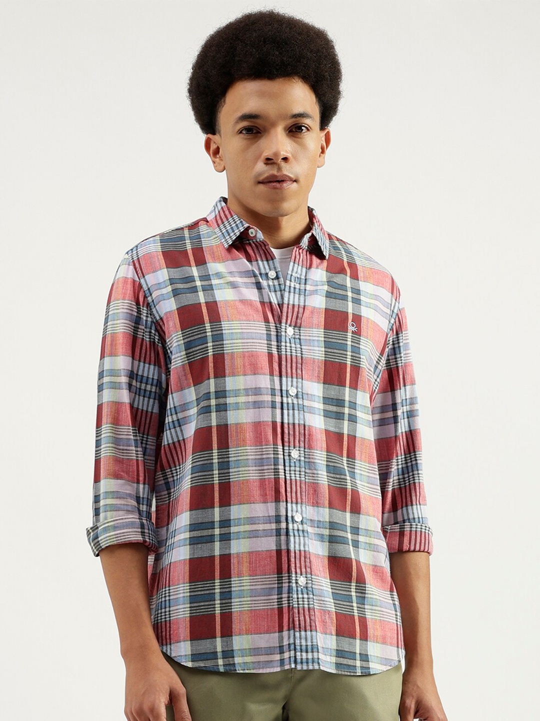 

United Colors of Benetton Tartan Checked Spread Collar Pure Cotton Casual Shirt, Grey