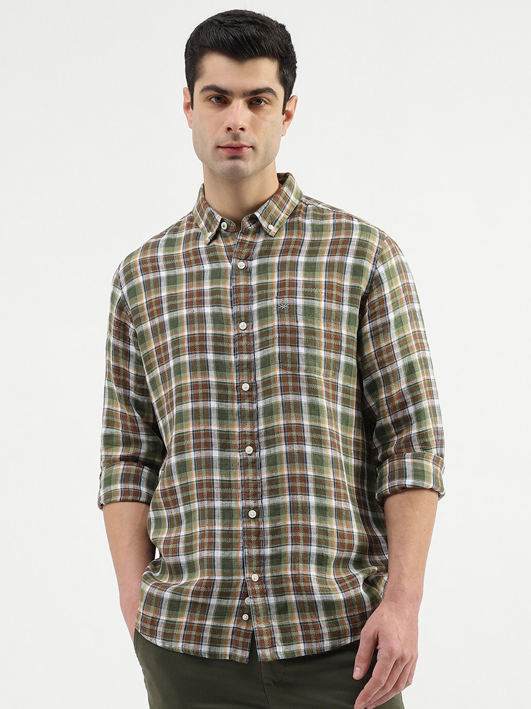

United Colors of Benetton Tartan Checked Button Down Collar Casual Shirt, Green