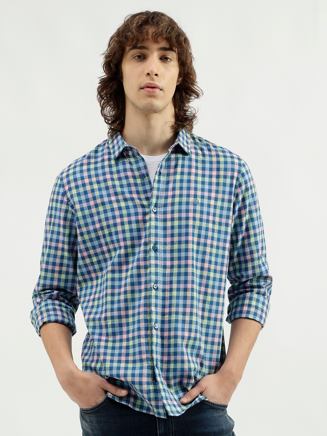 United Colors of Benetton Slim Fit Gingham Checked Spread Collar Casual Shirt, Blue