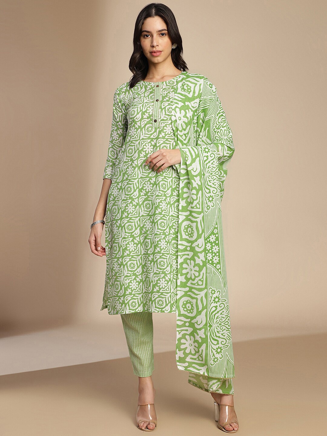 

KALINI Ethnic Motifs Printed Gotta Patti Kurta & Trousers With Dupatta, Green