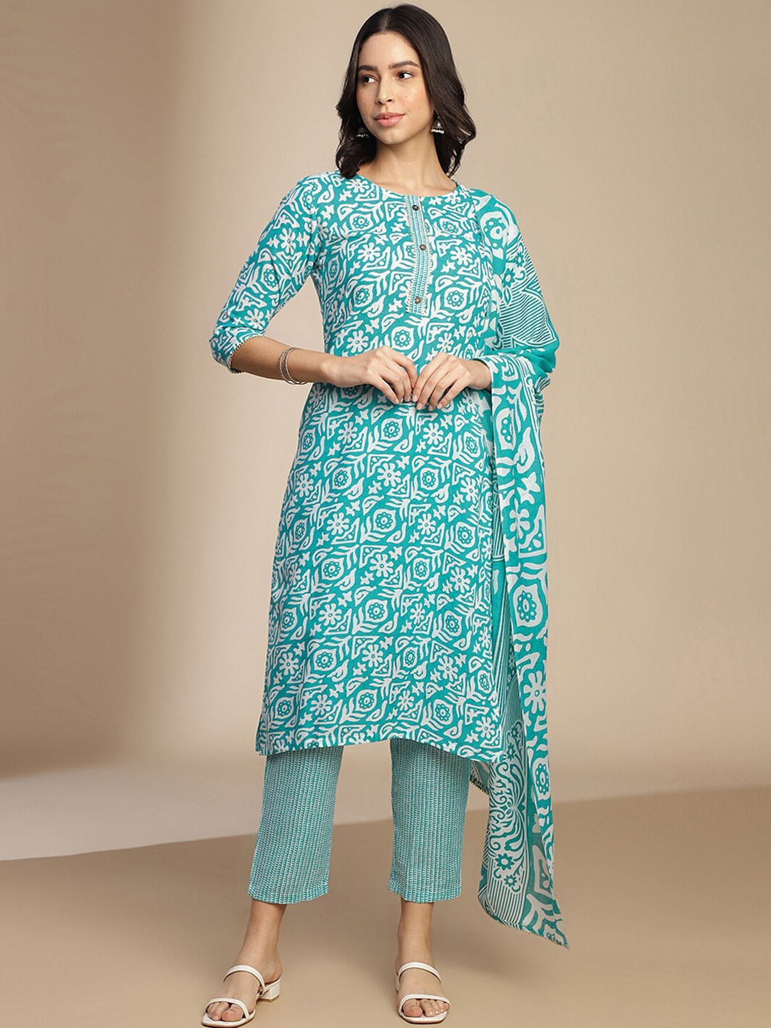 

KALINI Ethnic Motifs Printed Straight Kurta with Trousers & Dupatta, Blue