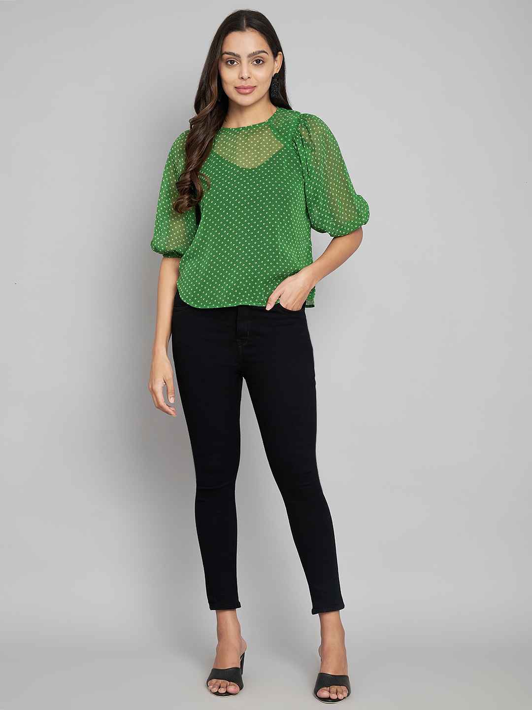 

Amagyaa Conversational Printed Puff Sleeves Sheer Top, Green