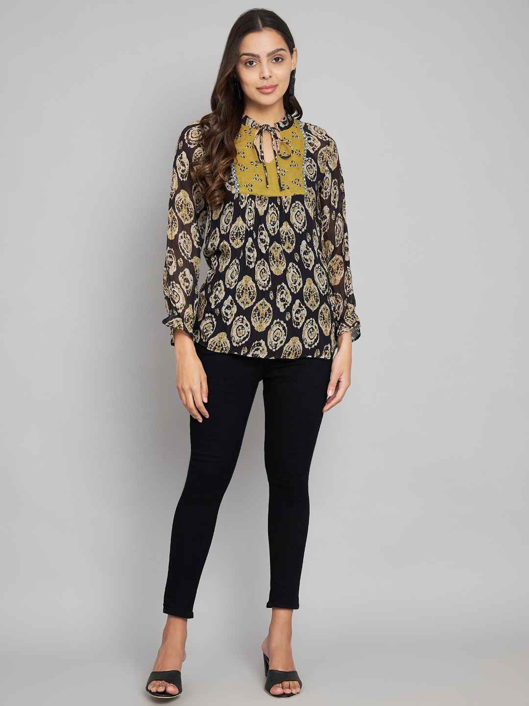 

Amagyaa Geometric Print Tie-Up Neck Pure Cotton Top, Black