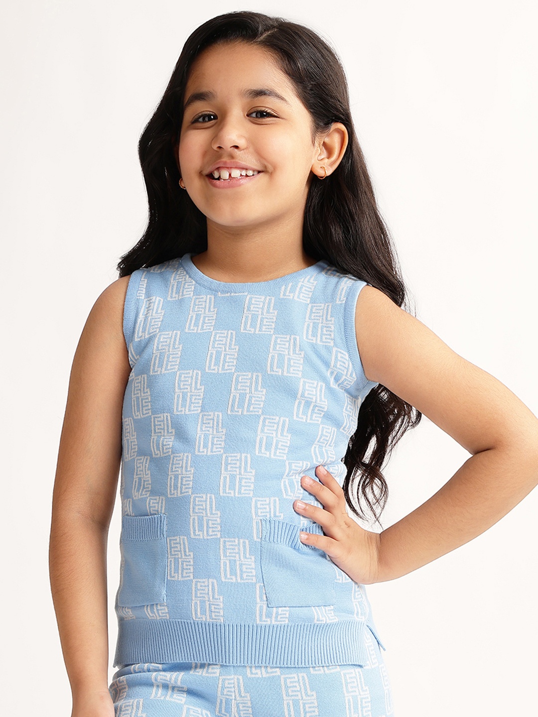 ELLE Girls Typography Printed Sleeveless Pure Cotton T-shirt, Blue