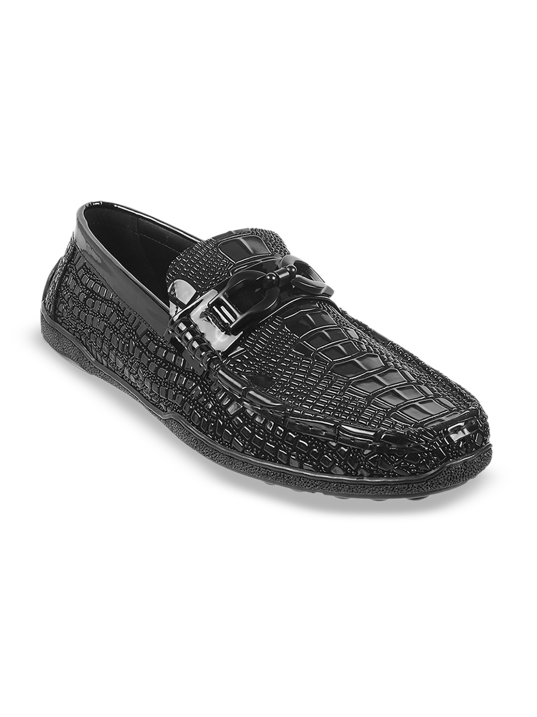 

DAVINCHI Men Textured Buckle Detailed Leather Loafers, Black