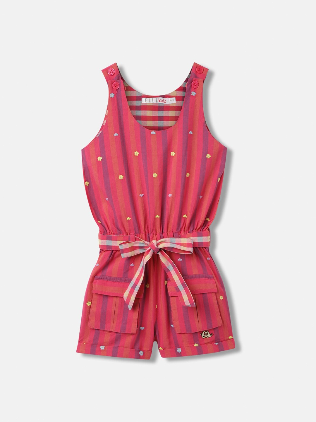 

ELLE Girls Striped Pure Cotton Sleeveless Playsuit, Pink
