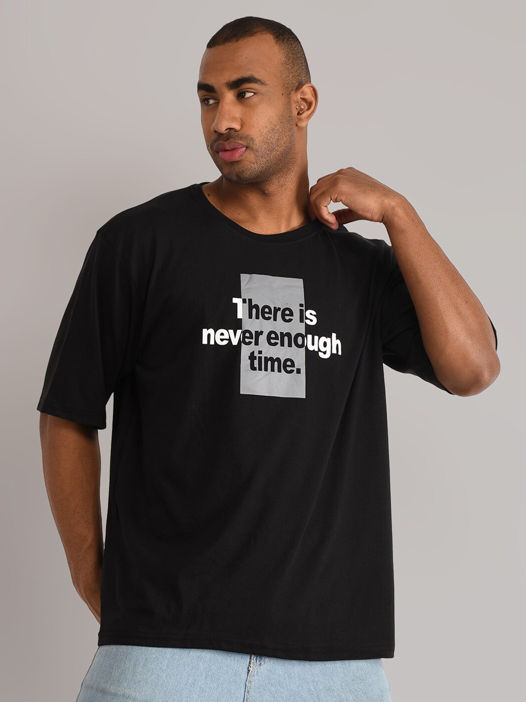 

ABSOLUTE DEFENSE Typography Printed Oversized Drop-Shoulder Sleeves Pure Cotton T-shirt, Black
