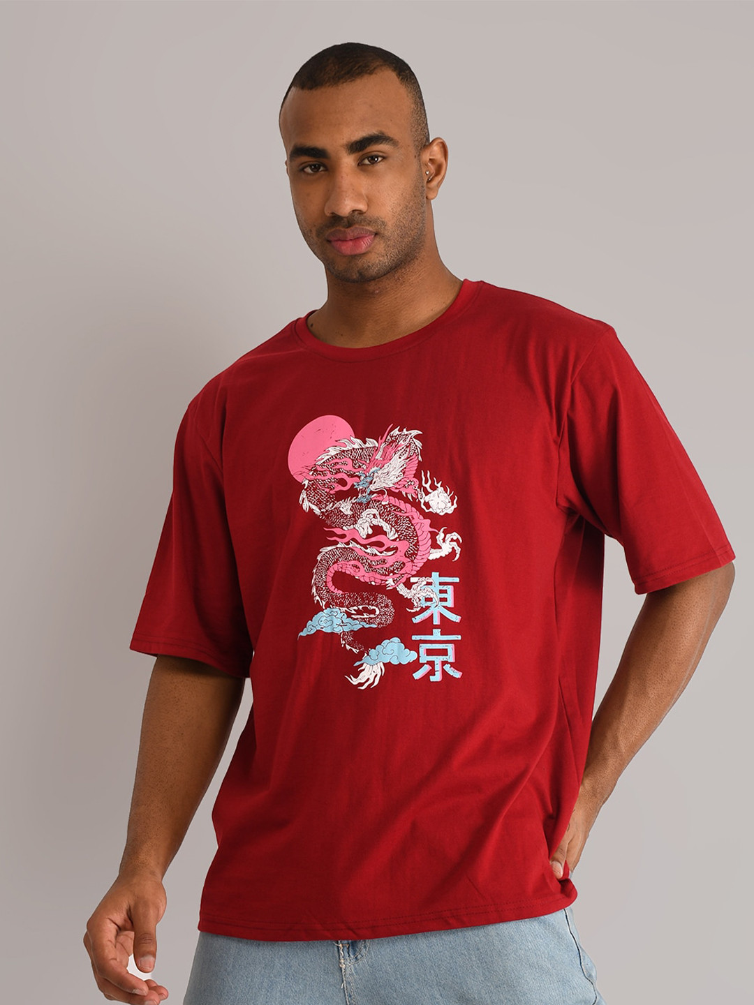 

ABSOLUTE DEFENSE Graphic Printed Drop-Shoulder Sleeves Pure Cotton Oversized T-shirt, Maroon