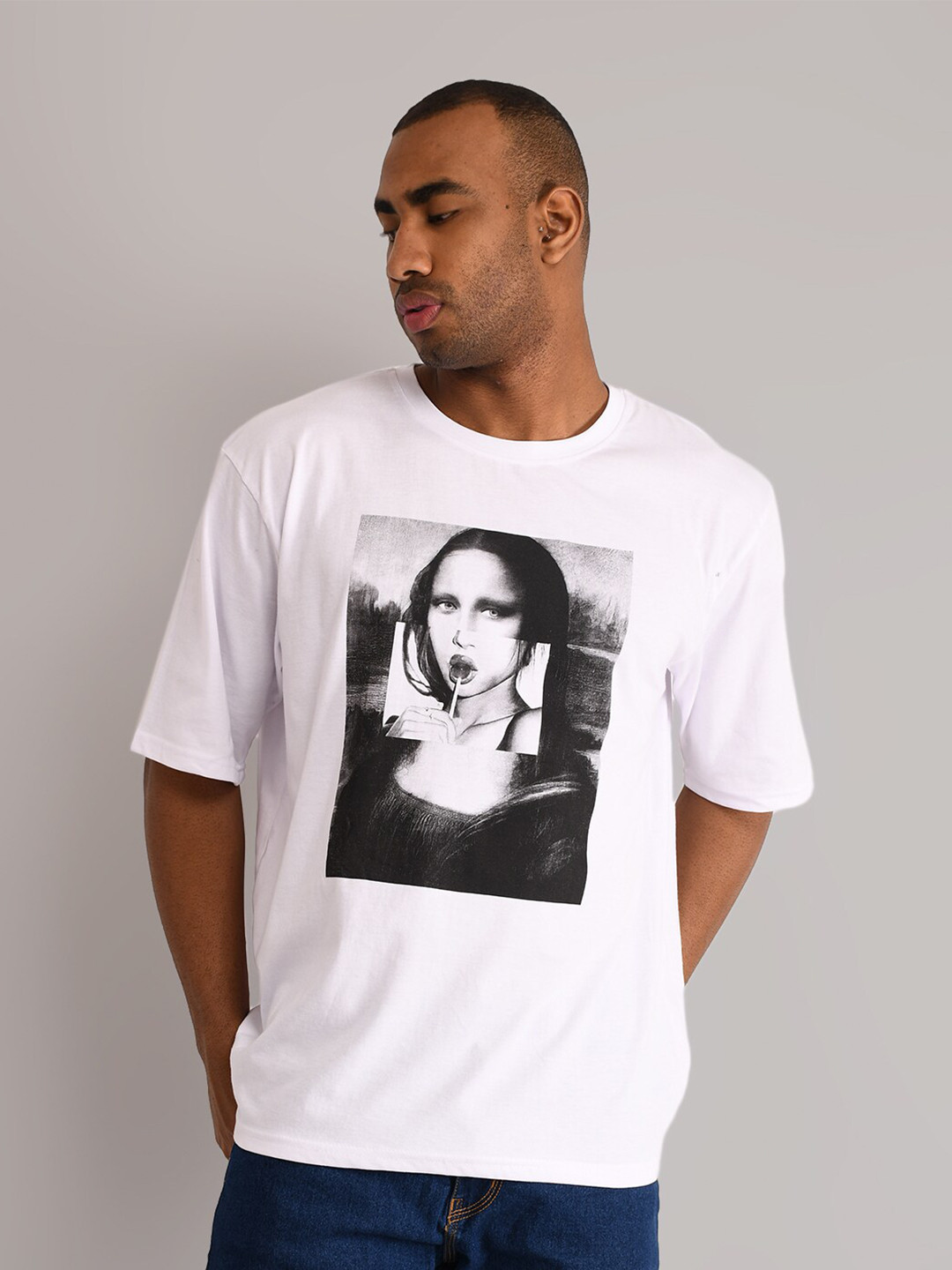 

ABSOLUTE DEFENSE Printed Oversized Drop-Shoulder Sleeves Pure Cotton T-shirt, White